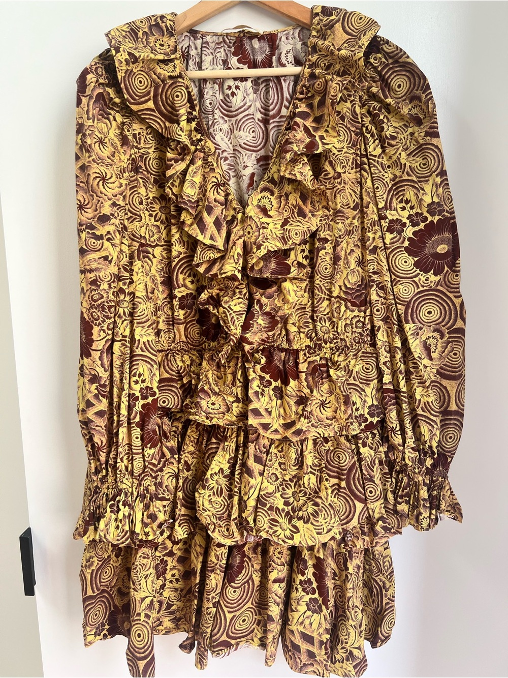 Ulla Johnson Yellow and Brown Floral Ruffle Tiered Long Sleeve Dress